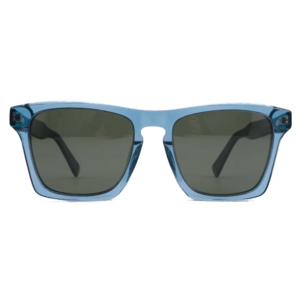 Moderigtige solbriller til herrer med transparent stel og poalroide linser.