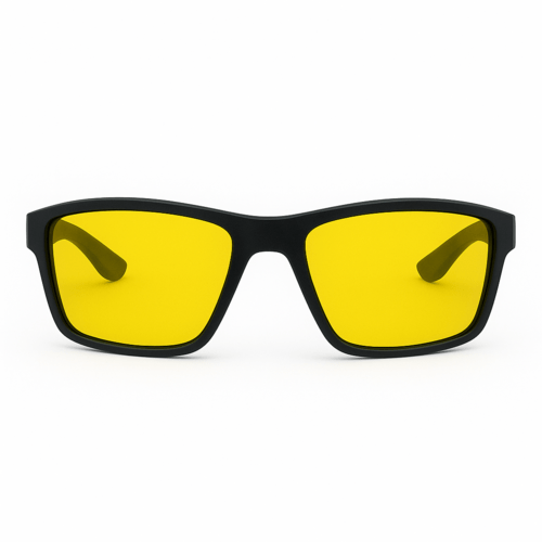Natkørebrille i sportsligt design med gule, polaroide linser.