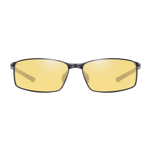 Natkørebrille i sort metal med gule, polaroide linser