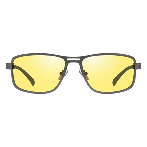 Natkørebriller i sølvfarvet metal med gule, polariseret linser