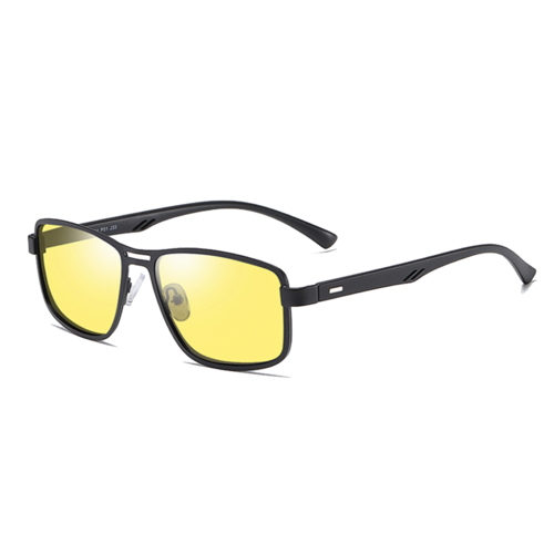 Sportsbriller i sort metal med gule, polaroide linser