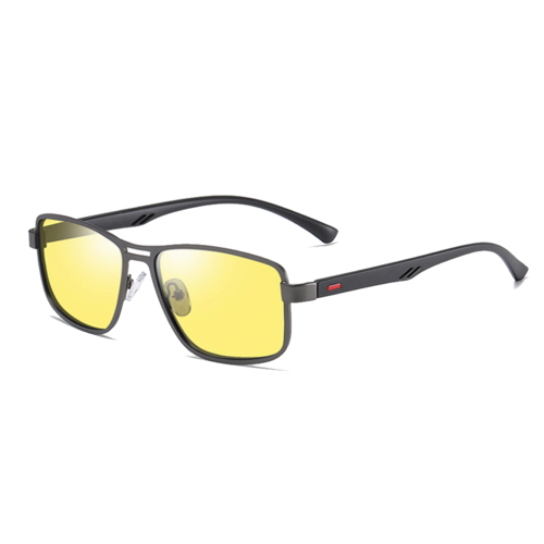 Sportsbriller i sølvfarvet metal med gule, polaroide linser