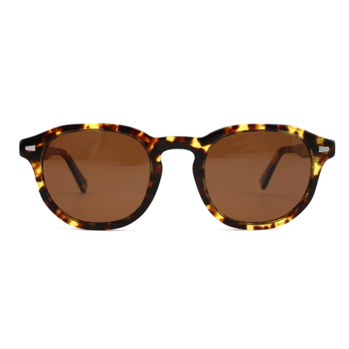 Skidlpaddebrun, rund, unisex solbrille i Wayfarer-stil.