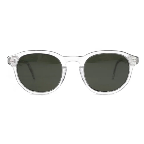 Gennemsigtig, rund, unisex solbrille i Wayfarer-stil.