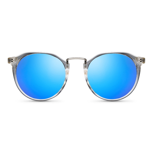 Damesolbriller med polaroide, blå spejl linser og gennemsigtigt stel.