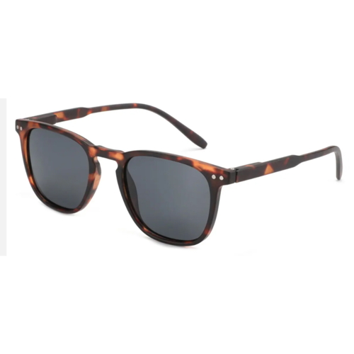 Unisex solbrille med skildpaddebrunt stel og mørkegrå linser.