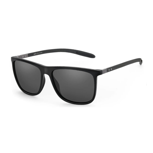 Modebrille med sort stel og sorte linser.
