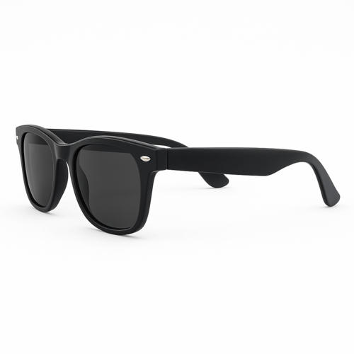 Unisex solbrille med sort stel og mørkegrå linser.
