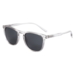 Unisex solbrille med gråt, gennemsigtigt stel og mørkegrå linser.